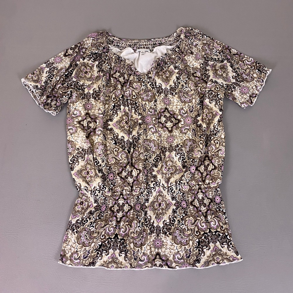 Croft & Barrow Blouse Top Womens Large Paisley Mesh‎ Smocked Waist Beige Purple